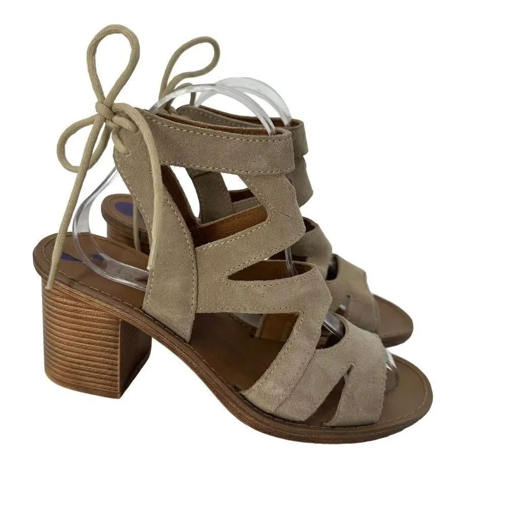 Mariella Sandals Block Heel Tan Leather Strappy Bohemian 8.5 Ankle Strap Shootie